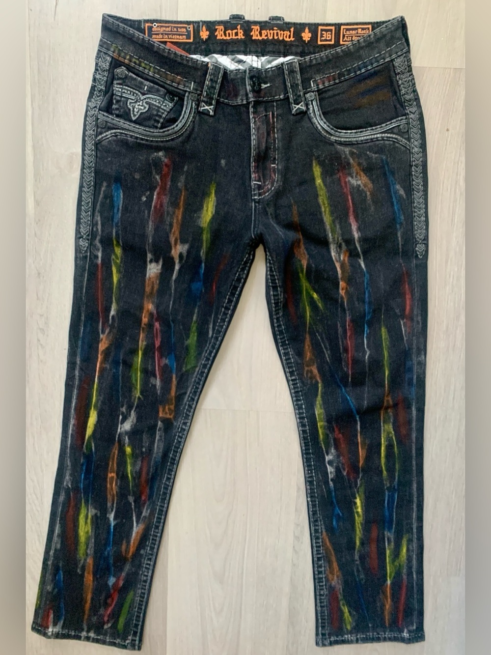 Rock Revival Lunar Rock Alt Straight Men’s Black Jeans with Multicolor Streaks - Picture 7 of 16